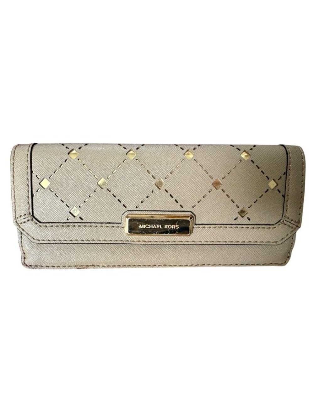 Michael Kors Beige Saffiano Leather Wallet With Gold Stud Accents & Zip Coin Poc